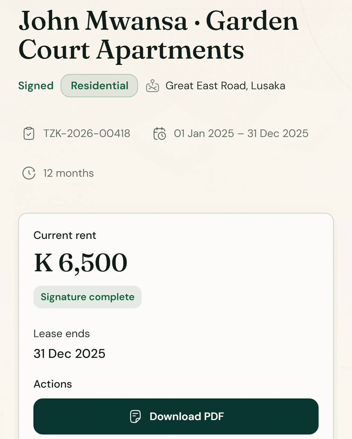 A signed agreement in Tezeka with signature complete, the lease end date and a Download PDF button. Demo data.