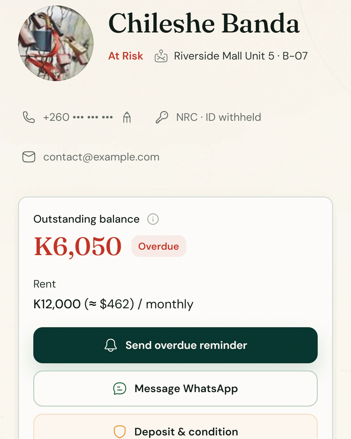 A Tezeka tenant record showing an overdue balance, with buttons to send a reminder or message on WhatsApp. Demo data.