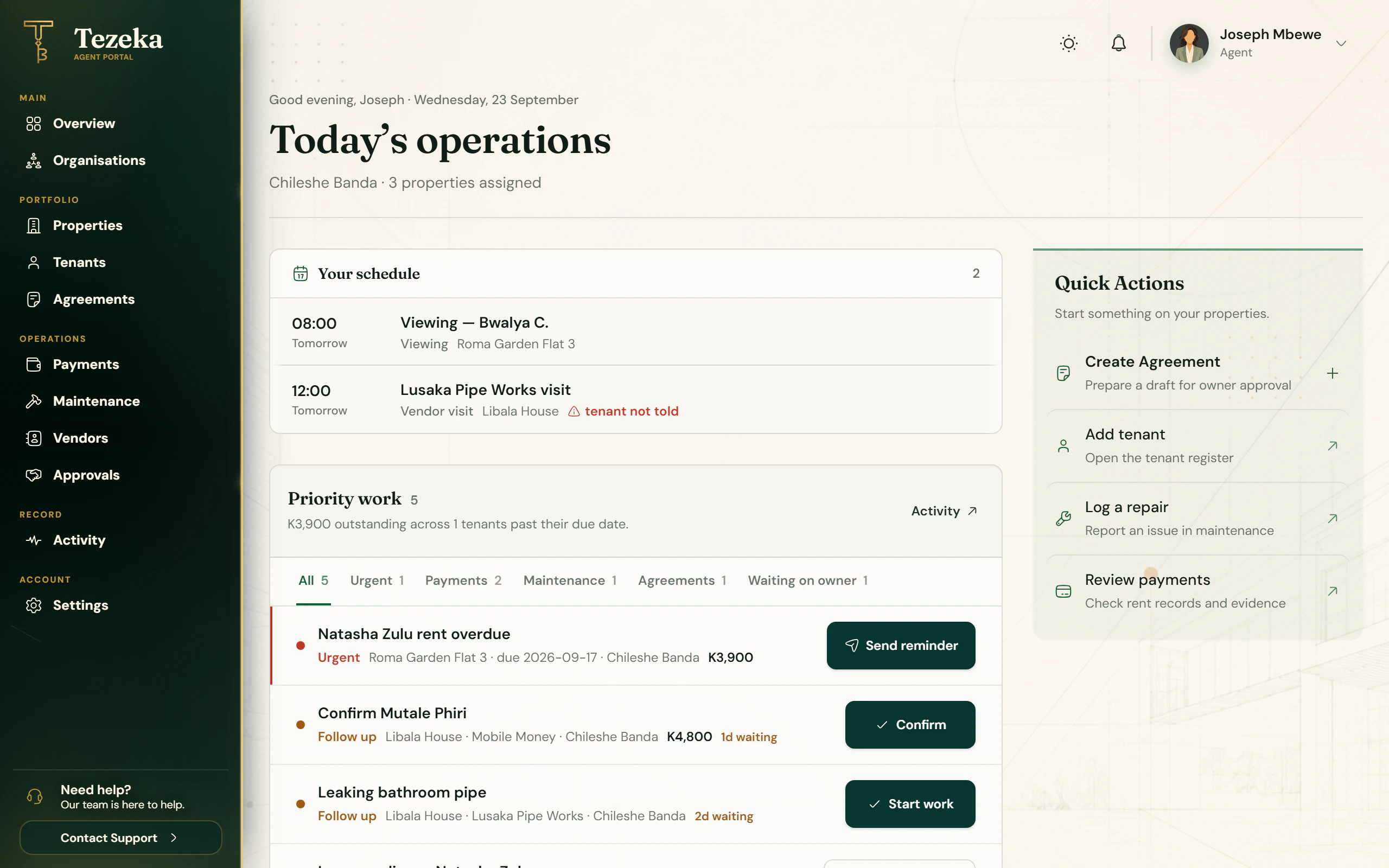 The agent portal in Tezeka: the day's viewings, rent to chase and repairs across three assigned properties. Demo data.