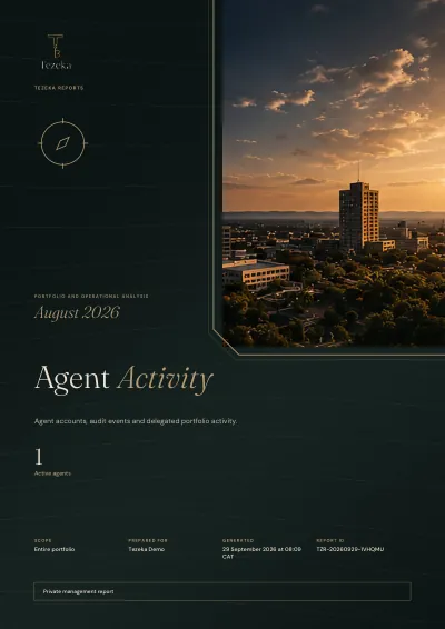 The cover of a Tezeka Agent Activity report. Demo data.