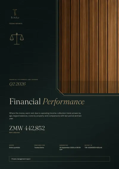The cover of a Tezeka Financial Performance report. Demo data.