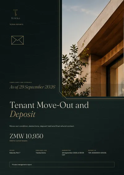 The cover of a Tezeka Tenant Move-Out and Deposit report. Demo data.
