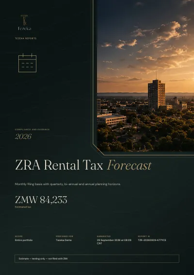 The cover of a Tezeka ZRA Rental Tax Forecast report. Demo data.